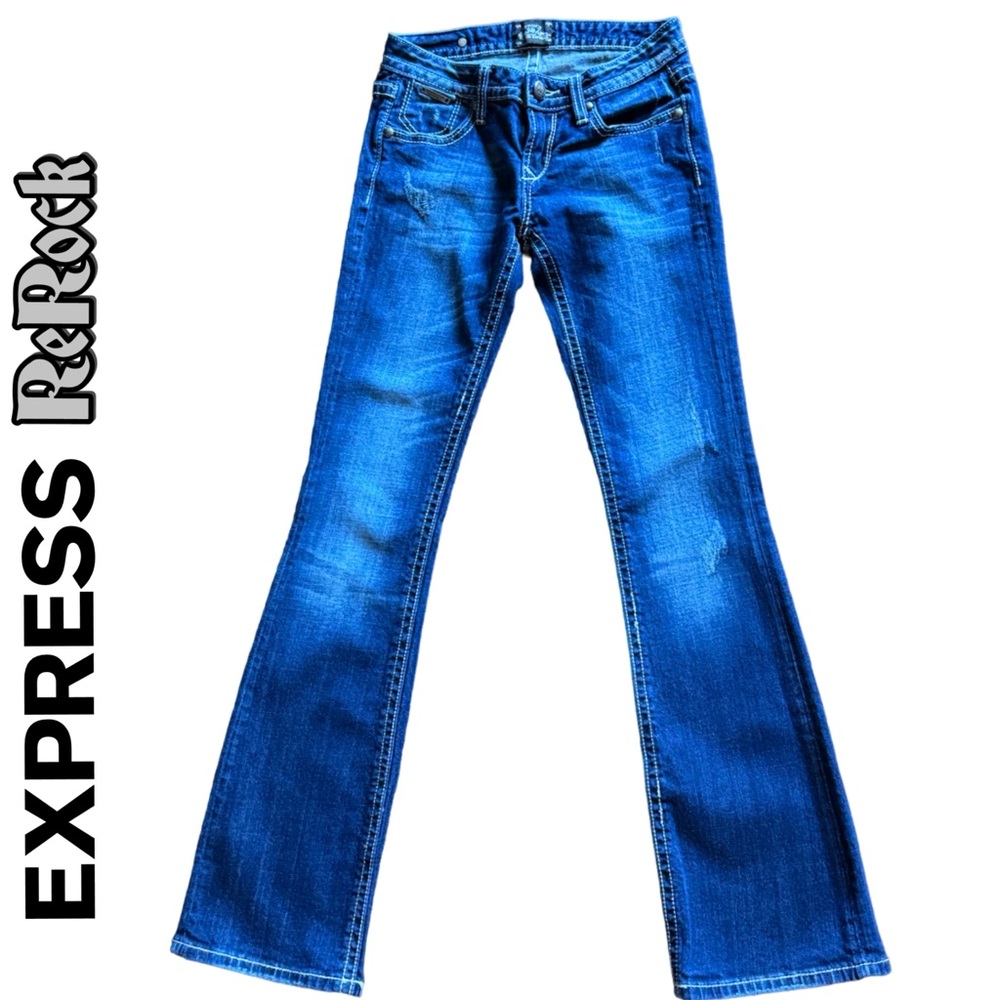 NEW Express ReRock Women’s Jeans, Retro Slim Bootcut, Distressed, Sanded Size 0R - Picture 5 of 12